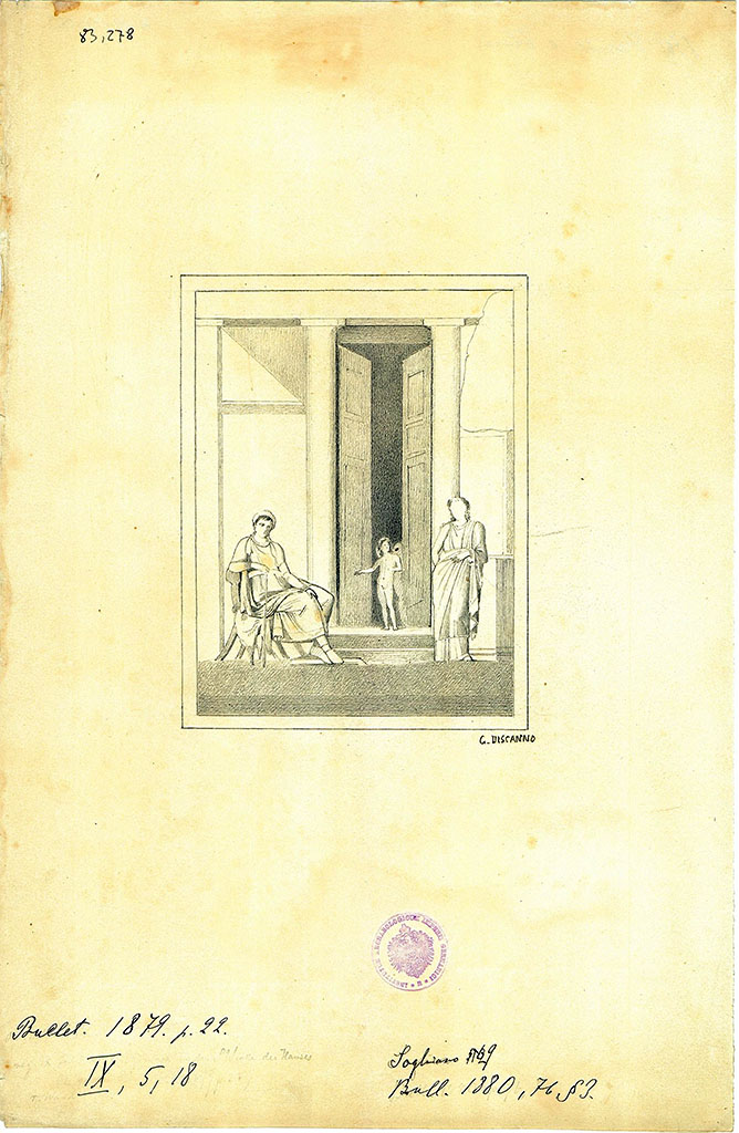 IX.5.18 Pompeii. Room “e”, north wall of cubiculum, second room in south-west corner.
Drawing by G. Discanno of wall painting of seated Paris waiting for the prize promised by Aphrodite.
DAIR 83.278. Photo © Deutsches Archäologisches Institut, Abteilung Rom, Arkiv.