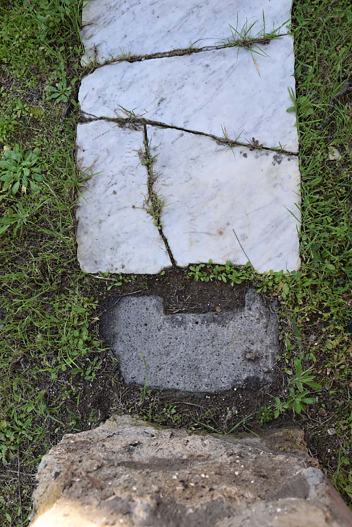 IX.5.18 Pompeii. March 2018. Triclinium “f”, detail of threshold at north end.
Foto Annette Haug, ERC Grant 681269 DÉCOR.