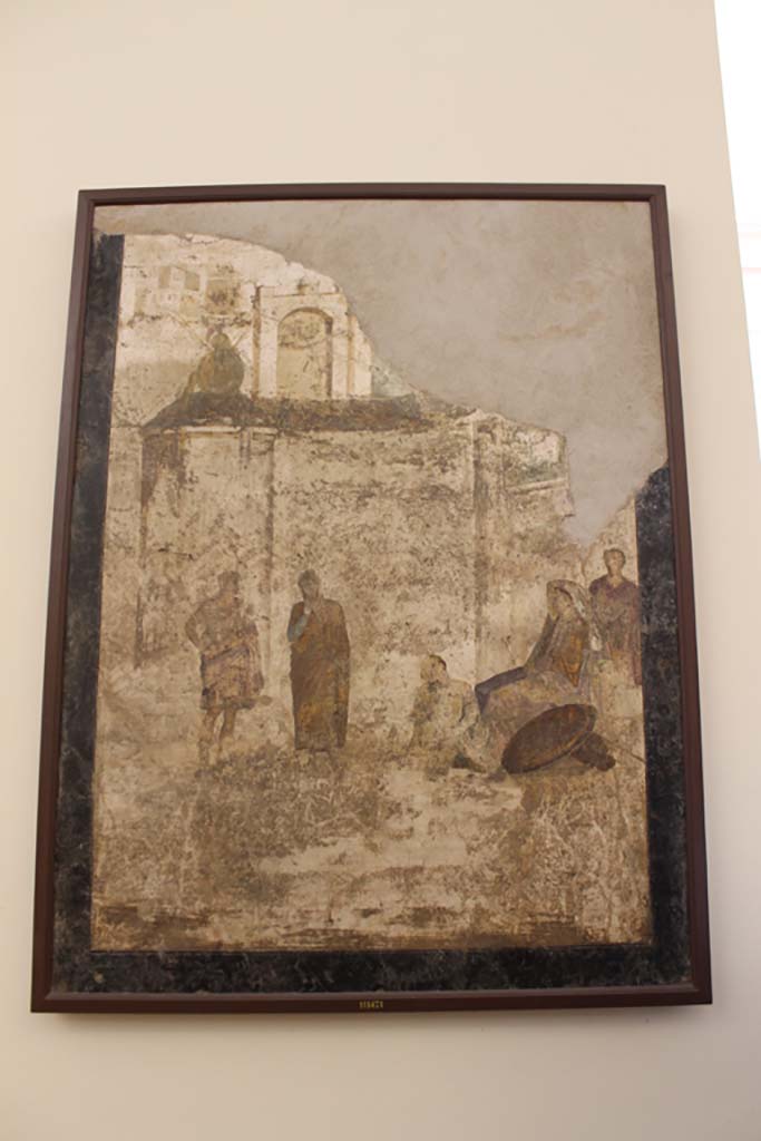 IX.5.18 Pompeii. July 2017.
Room “f”, south wall of triclinium. Wall painting of Phoenix and Polyxena.
Now in Naples Archaeological Museum. Inventory number 111471.
Foto Annette Haug, ERC Grant 681269 DÉCOR.