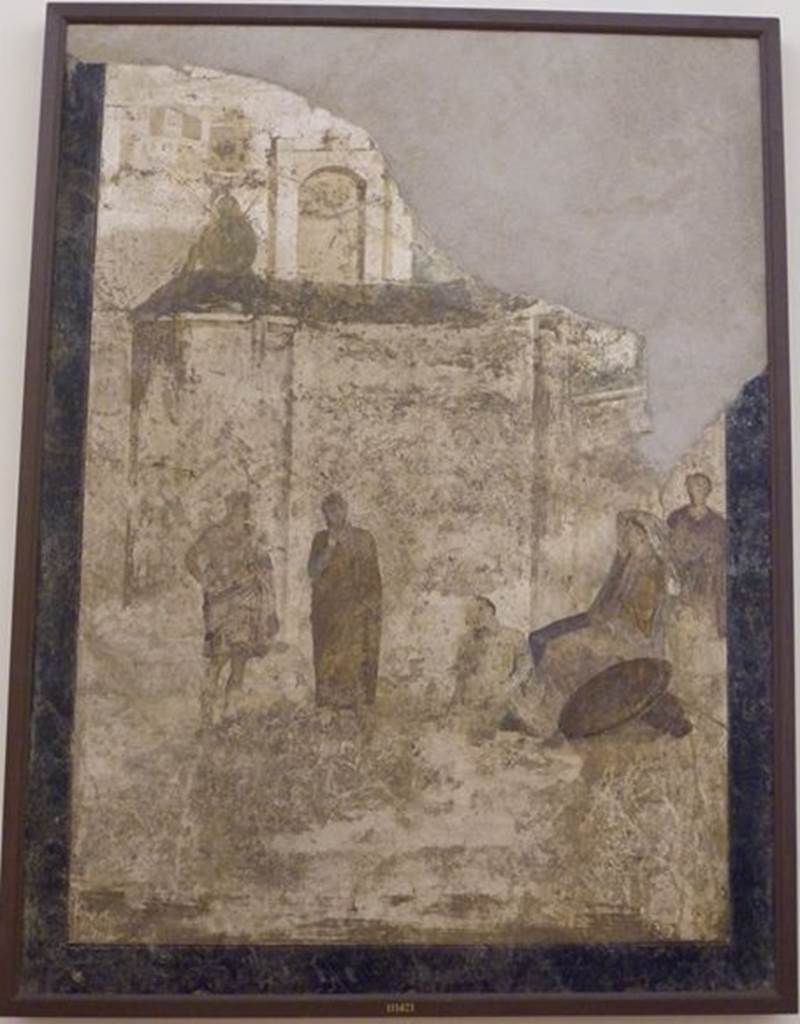 IX.5.18 Pompeii. May 2005. Room f. South wall of Triclinium. Wall painting of Phoenix and Polyxena. Now in Naples Archaeological Museum. Inventory number: 111471.