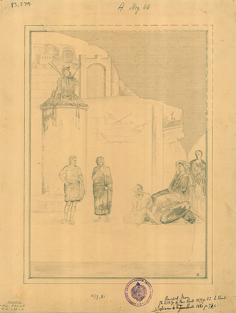 IX.5.18 Pompeii. 1879. Room “f”, south wall of triclinium.
Drawing by A. Sikkard of painting of Phoenix and Polyxena.
DAIR 83.279. Photo © Deutsches Archäologisches Institut, Abteilung Rom, Arkiv.