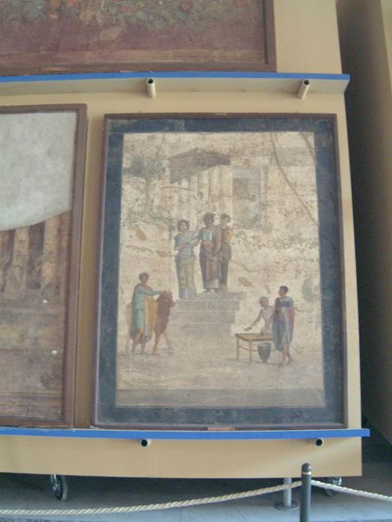 IX.5.18 Pompeii. May 2001. Room “f”, west wall of triclinium, wall painting of Jason and Pelias
Now in Naples Archaeological Museum. Inventory number 111436.
Photograph courtesy of Current Archaeology.