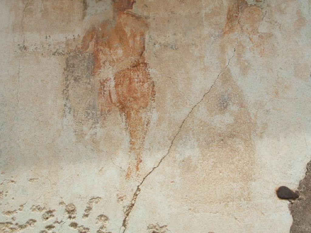 IX.5.18 Pompeii. May 2005. Room f. North wall of Triclinium. Wall painting of Pentheus and Dionysus. See Schefold, K., 1962. Vergessenes Pompeji. Bern: Francke. (T. 53,1-2).