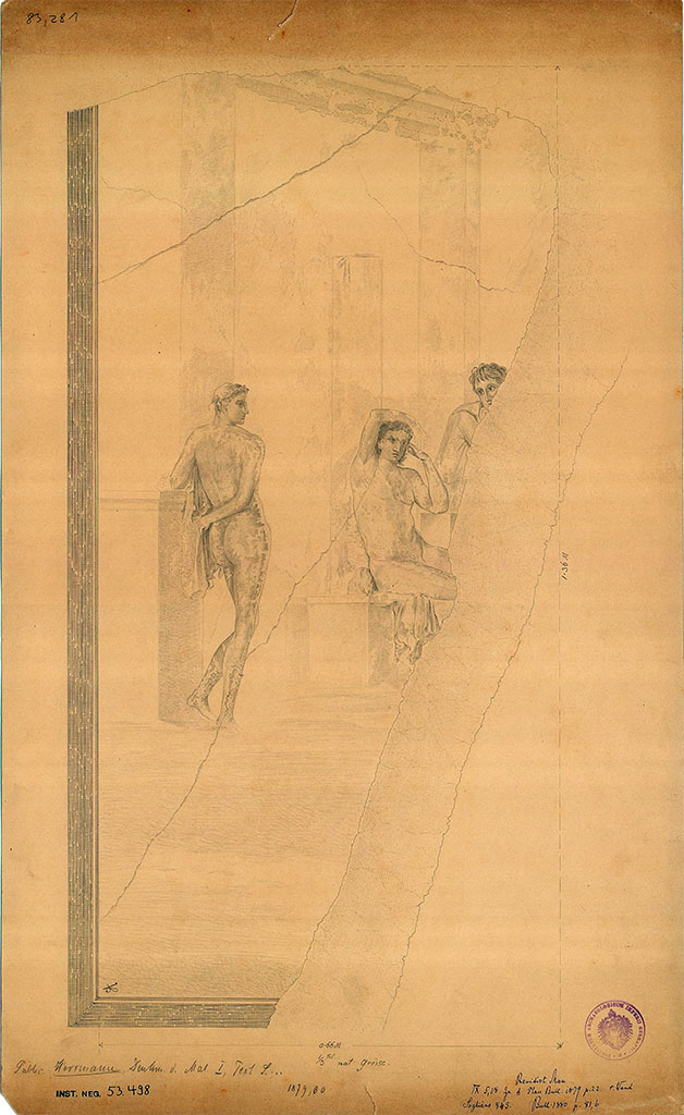 IX.5.18 Pompeii. 1879. Room “f”, north wall of triclinium.
Drawing by A. Sikkard of wall painting of Pentheus and Dionysus.
DAIR 83.281. Photo © Deutsches Archäologisches Institut, Abteilung Rom, Arkiv.
See Sogliano, A., 1879. Le pitture murali campane scoverte negli anni 1867-79. Napoli: Giannini, p. 161, n. 843.