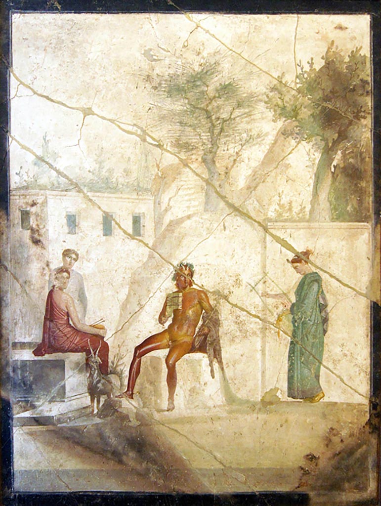 IX.5.18 Pompeii. December 2019. Room “g”, south wall of cubiculum. Wall painting of Pan and the Nymphs.
Now in Naples Archaeological Museum. Inventory number 111473.
Photo courtesy of Giuseppe Ciaramella.