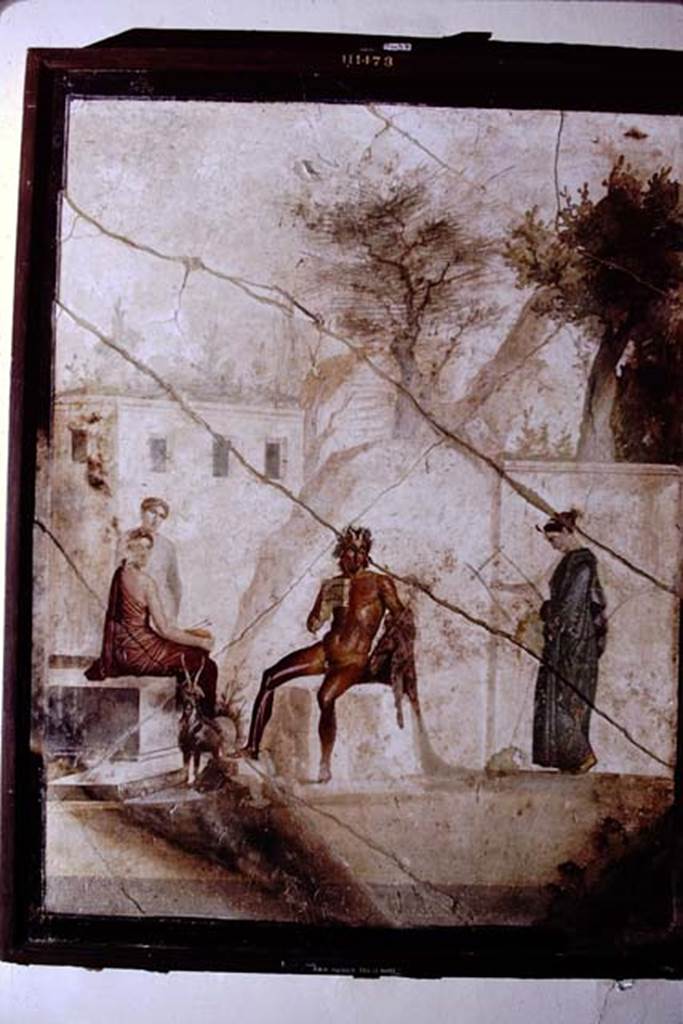 IX.5.18 Pompeii. 1968. Room “g”, south wall of cubiculum. Wall painting of Pan and the Nymphs. Now in Naples Archaeological Museum. Inventory number: 111473.
Photo by Stanley A. Jashemski.
Source: The Wilhelmina and Stanley A. Jashemski archive in the University of Maryland Library, Special Collections (See collection page) and made available under the Creative Commons Attribution-Non Commercial License v.4. See Licence and use details. J68f0805