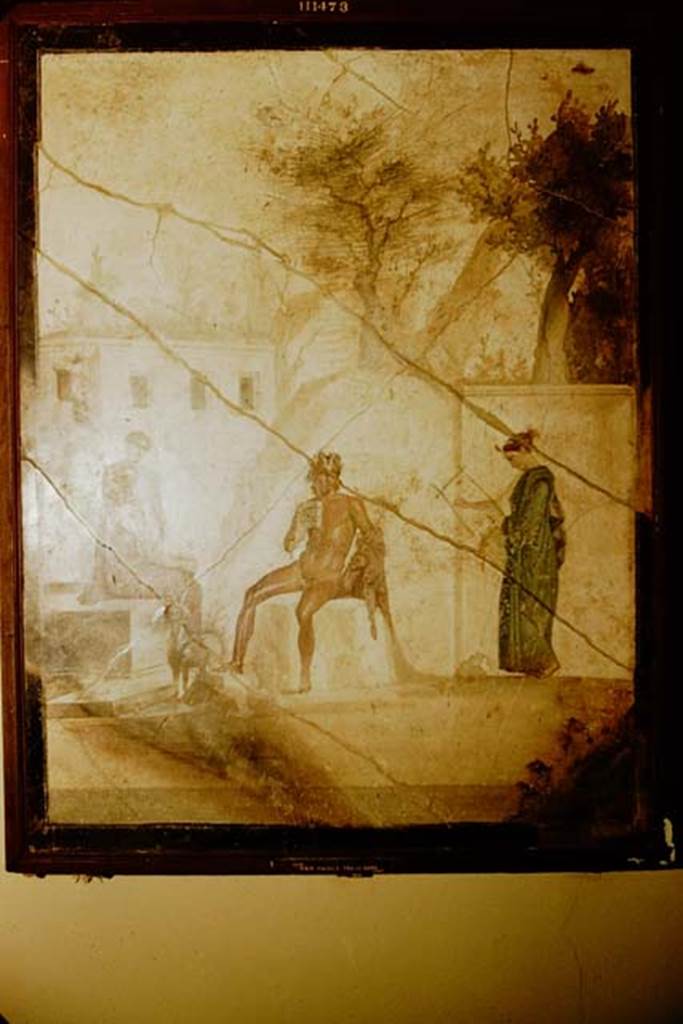 IX.5.18 Pompeii. 1957. Room “g”, south wall of cubiculum. Wall painting of Pan and the Nymphs. Now in Naples Archaeological Museum. Inventory number: 111473.
Photo by Stanley A. Jashemski.
Source: The Wilhelmina and Stanley A. Jashemski archive in the University of Maryland Library, Special Collections (See collection page) and made available under the Creative Commons Attribution-Non Commercial License v.4. See Licence and use details. J57f0506