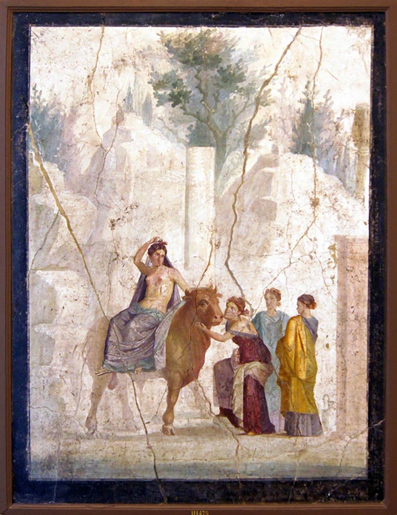 IX.5.18 Pompeii. December 2019. Room “g”, west wall of cubiculum. Wall painting of Europa on the Bull.
Now in Naples Archaeological Museum. Inventory number 111475.
Photo courtesy of Giuseppe Ciaramella.