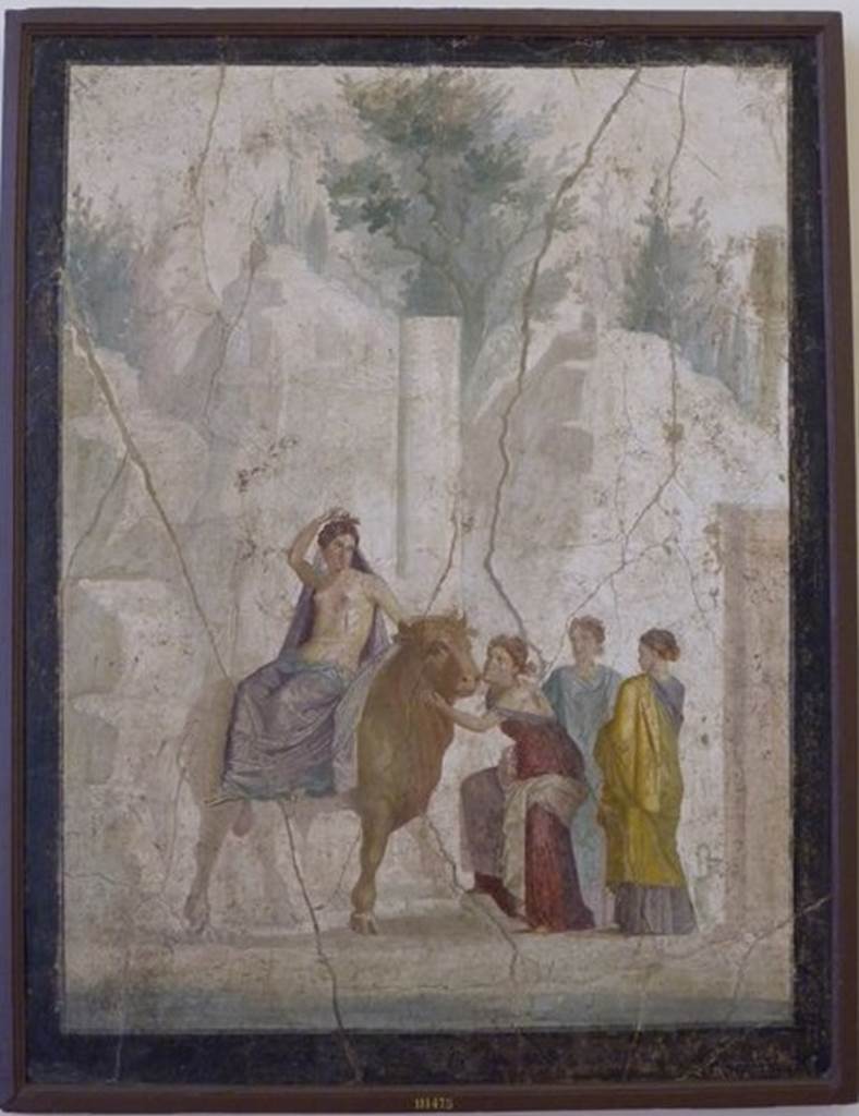 IX.5.18 Pompeii. March 2009. Room g. Cubiculum. West wall. Wall painting of Europa on the Bull. Now in Naples Archaeological Museum. Inventory number: 111475.