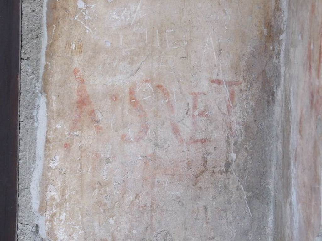 IX.7.5 Pompeii. December 2006. Graffiti outside Workshop of Verecundus.&#10;According to Epigraphik-Datenbank Clauss/Slaby (See www.manfredclauss.de) CIL records this as&#10;A(ulum) Suet/tium / aed(ilem) o(ro) v(os) f(aciatis)     [CIL IV 7834]&#10;See Varone, A. and Stefani, G., 2009. Titulorum Pictorum Pompeianorum, Rome: L’erma di Bretschneider. p. 399.&#10;