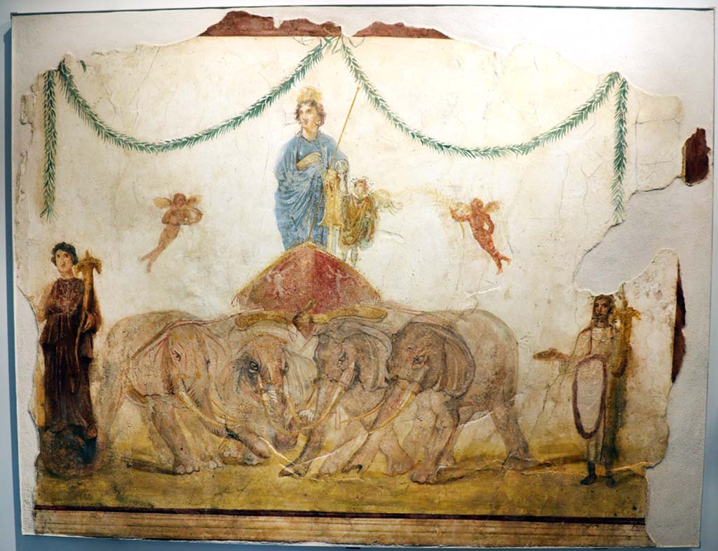 IX.7.6 Pompeii. February 2021.
Fresco of Venus being pulled by elephants, outside House of Verecundus, between doorways IX.7.7 and IX.7.6.
Photographed on display in Antiquarium, where it is located as being at IX.7.5.
Photo courtesy of Fabien Bièvre-Perrin (CC BY-NC-SA).