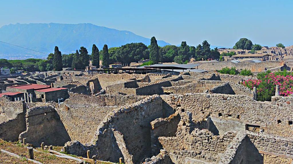 IX.7.14/15/16 Pompeii. 2015/2016.
Looking south-west from Casina dell’Aquila towards east side of Vicolo di Tesmo, in lower photo.
The garden area is on the left of the photo, between entrances at IX.7.14 and IX.7.15.
The rooms on the right are part of IX.7.16. Photo courtesy of Giuseppe Ciaramella.
According to Boyce and Jashemski, a garden was excavated near here.
Whether it belonged to IX.7.12, 14, or 16 cannot be seen until further excavation.
See Boyce G. K., 1937. Corpus of the Lararia of Pompeii. Rome: MAAR 14. (p.89, no.445)
According to Jashemski, she quoted the location as IX.7.12(?).
She said in the north-west corner of this partially excavated garden, at the left of the entrance, stood an aedicula lararium.
In front of the lararium was a small altar, and a lararium painting on the wall around the shrine.
Many marble sculptures decorated the garden.
See Jashemski, W. F., 1993. The Gardens of Pompeii, Volume II: Appendices. New York: Caratzas. (p.239)