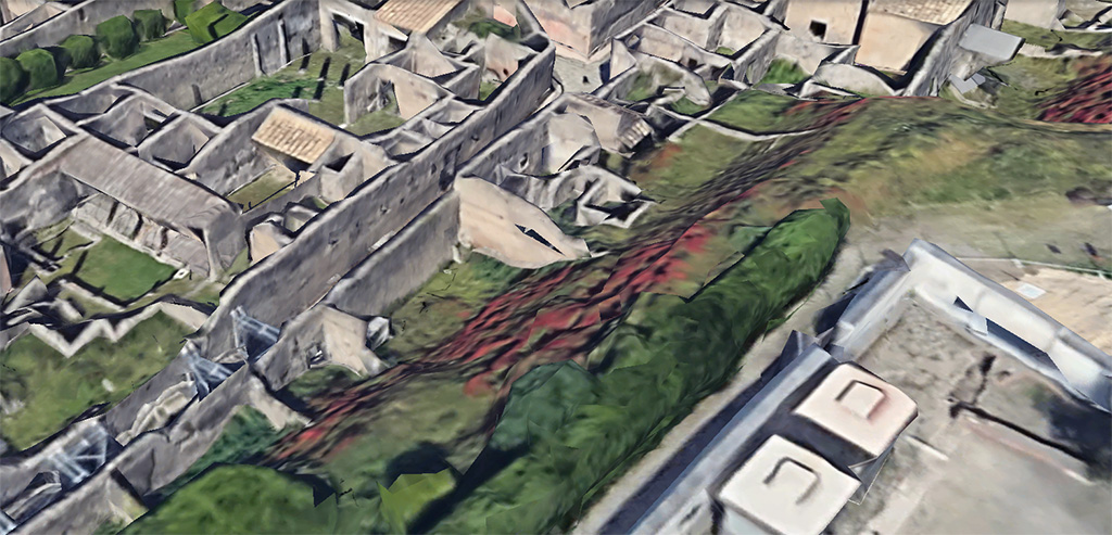 IX.7.14 or 16 Pompeii. 2023.
Looking down from the Casina dell’Aquila towards a possible aedicula in the north-west corner of the garden area, in the centre of the photo.
Photo courtesy of Google Earth.
Due to the fact that the area has not been fully excavated, the garden area may belong to either house IX.7.14 or IX.7.16.