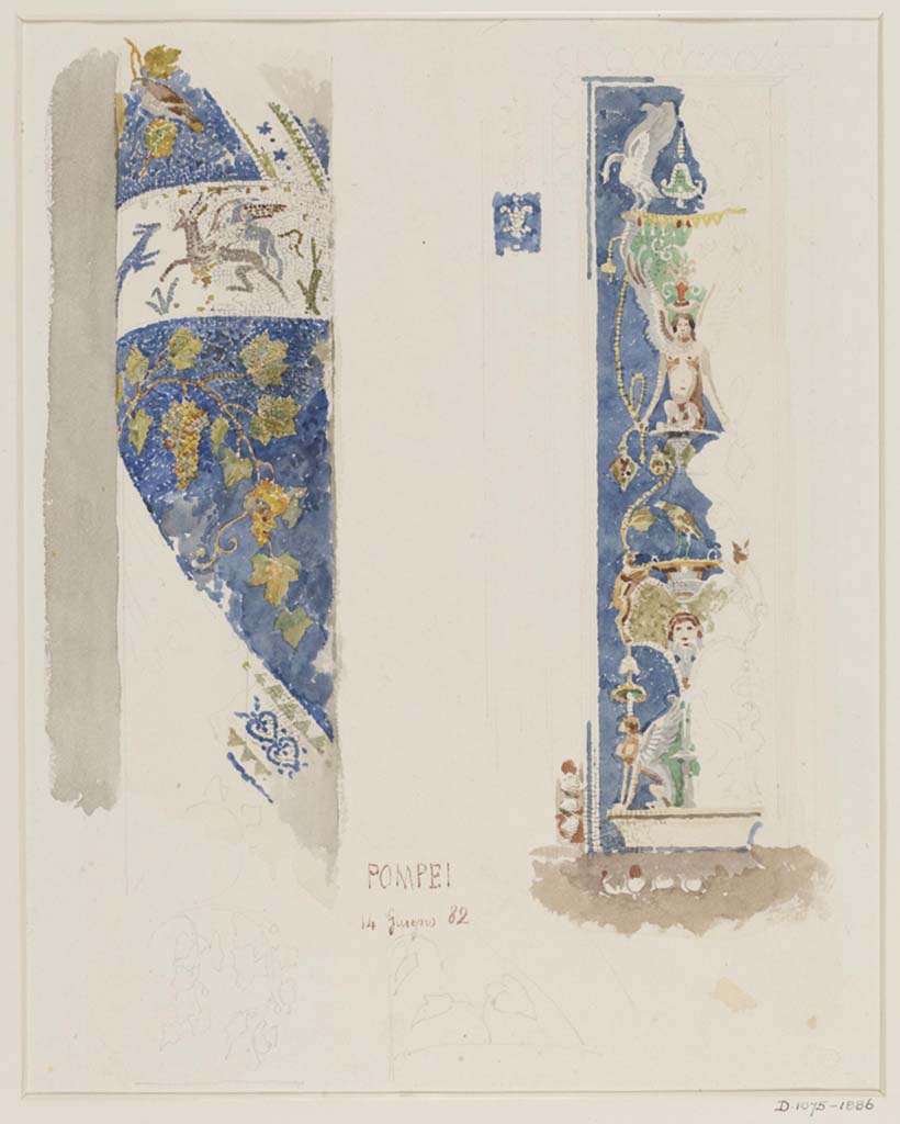 IX.7.20 Pompeii. 14th June 1882. Watercolour of fountain by Luigi Bazzani, detail.
Photo © Victoria and Albert Museum. Inventory number D.1075-1886.