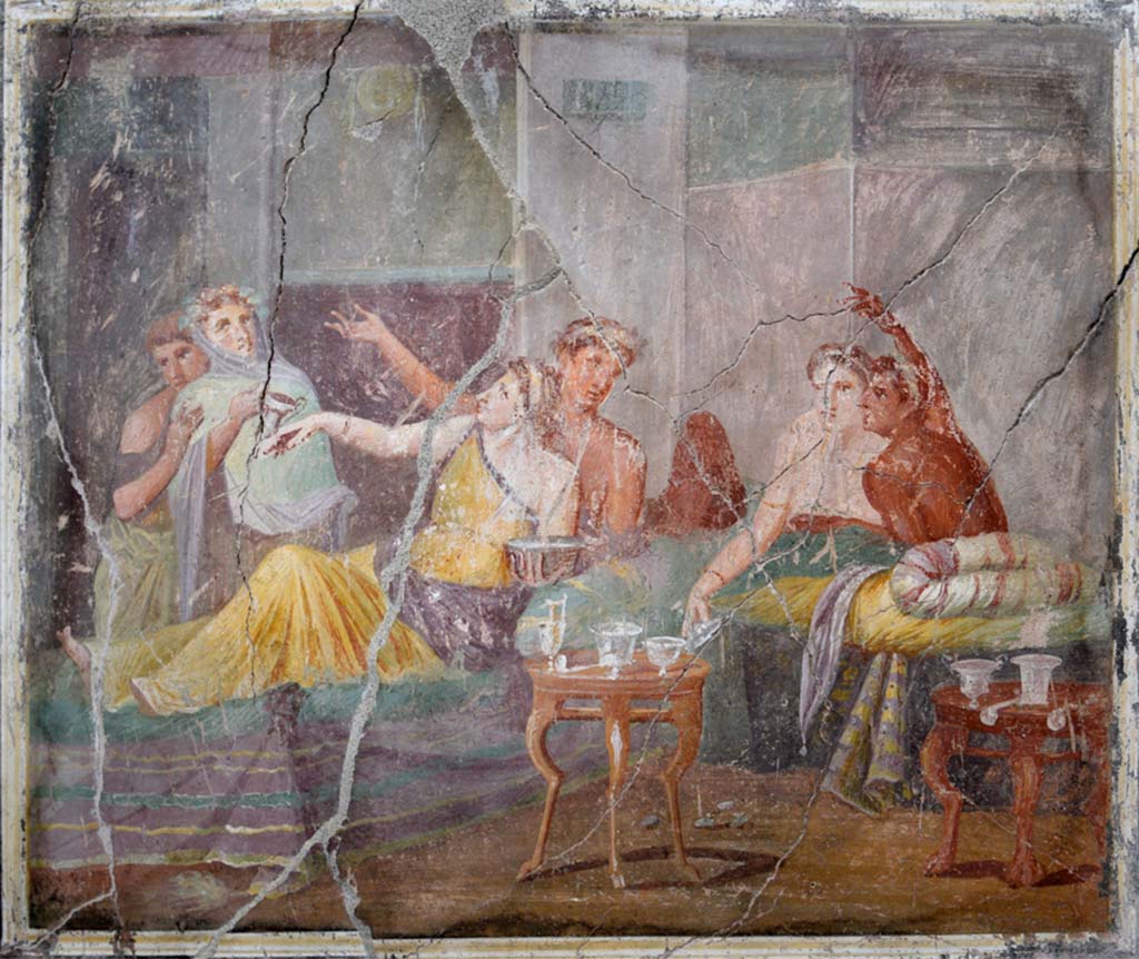 IX.12.6 Pompeii. February 2017.
Room “m”, painting of banqueting scene from west wall of triclinium. Photo courtesy of Johannes Eber.