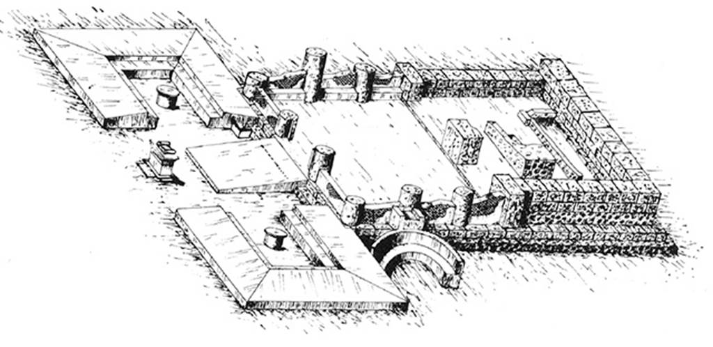 Tempio dionisiaco in località Sant’Abbondio di Pompei. Drawing of sanctuary.
It was a Samnite temple, of Doric style, constructed around the late third or early second centuries B.C.
There were two triclinia, with tables, in front of the temple with an altar in between them.
According to Lorenza Barnabei, an Oscan an inscription on two sides of the altar honoured Maras Atinius an aedile of Samnite Pompeii.
A mosaic Oscan inscription on the floor of the ramp honoured Ovius Epidius and Trebius Mezius.
The ramp led up to the area under the portico (the pronaos) which then led to the temple cella.
A schola was behind one of the triclinia.
See Barnabei L. in Contributi di Archeologia Vesuviana, 3, Rome, 2007 (Studi della Soprintendenza archeologica di Pompei, 21), p. 39.