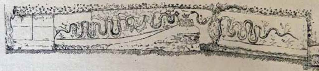 Pompeii Street Altar at I.8.1. Drawing of street altar.
Maiuri recorded a large masonry compital altar, the biggest yet found, with a long ramp. 
At the summit of the ramp was a rectangular altar with roughly painted marble decoration.
At the sides of the altar were two long serpents winding amongst plants towards the offerings on the altar.
The low podium to the left had two painted panels on the upper margins of which the characters of a painted inscription were discernible.
Very little was conserved.
See Maiuri, A., 1928. Nuovi Scavi nella Via dellAbbondanza. Milano: Hoepli, (p. 6, fig. 2).
