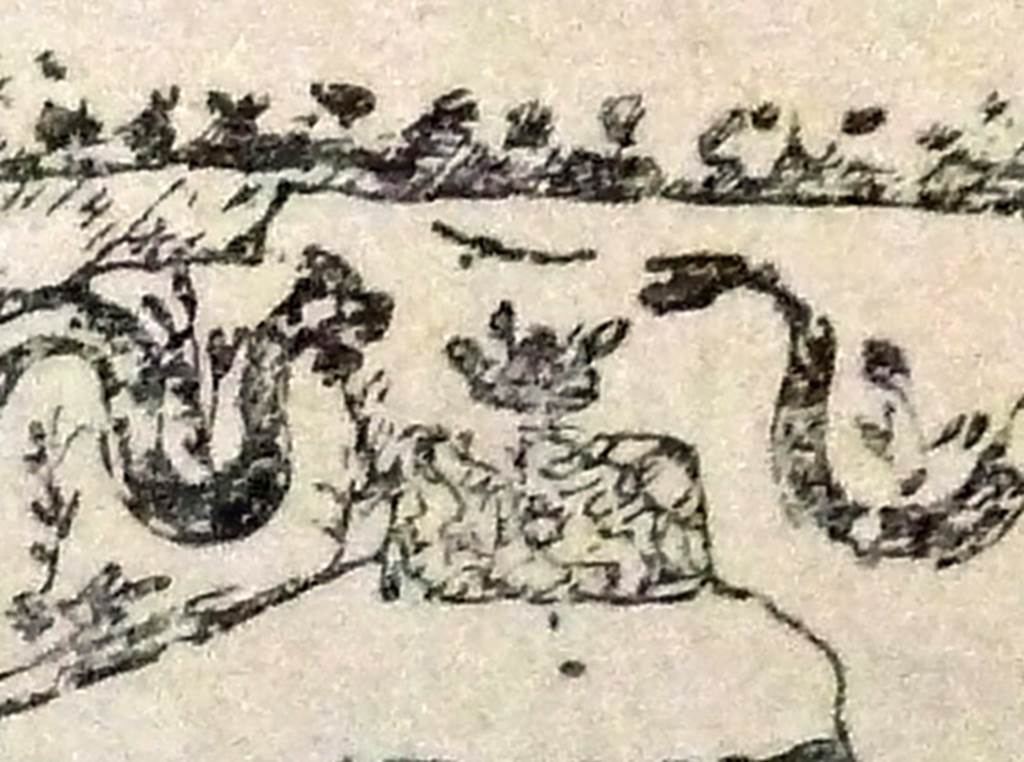 Pompeii Street Altar at I.8.1. Detail from drawing of rectangular altar with roughly painted marble pattern. 
The two serpents heads can be seen over the offering on the altar.
