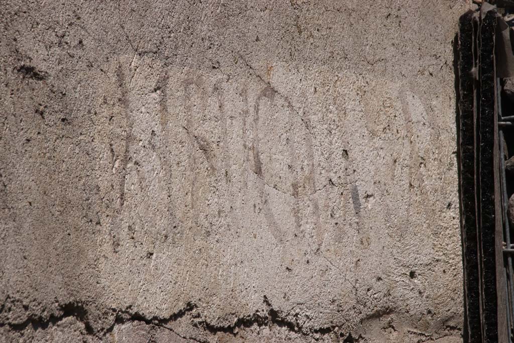 V.8, Pompeii. September 2021. ALBVCIVM graffiti.
Looking north towards painted graffiti on east end of south wall near the street shrine, on north side of Vicolo delle Nozze d’Argento.
Photo courtesy of Klaus Heese.