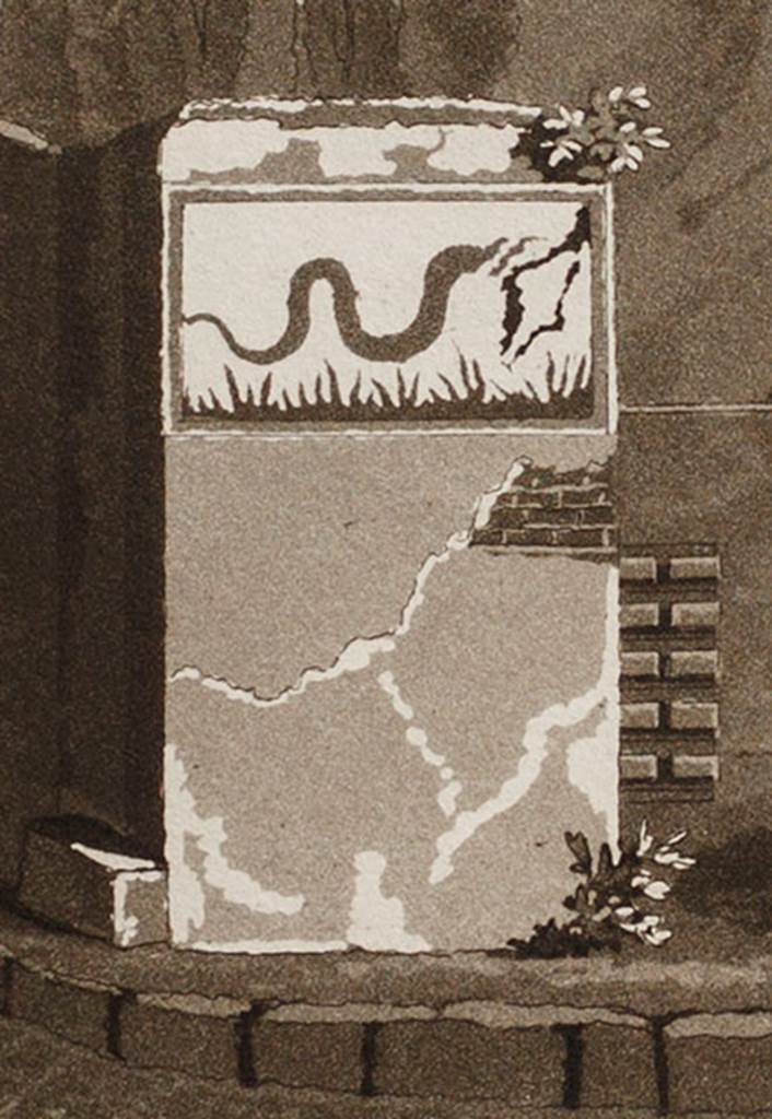 Left hand wall of VI.4.1, site of street shrine.
Detail from 1822-4 drawing by Paolo Fumagalli of the serpent painting, which is no longer visible.