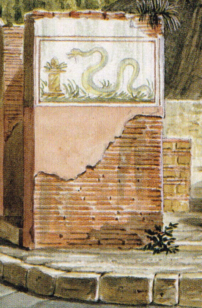 Left hand wall of VI.4.1, site of street shrine.
Detail from 1824 drawing by Mazois of the serpent painting, which is no longer visible.
The serpent is approaching an altar on which is an offering of fruit.