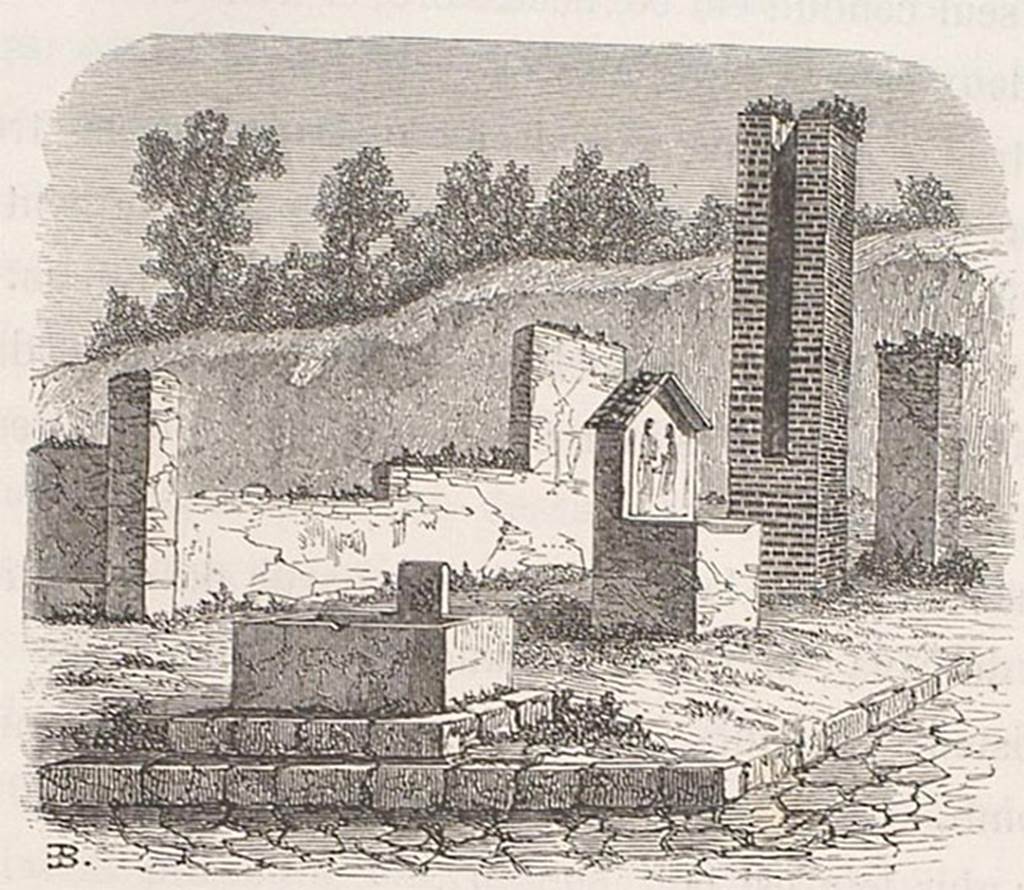 Altar outside VI.14.17-18. 1855 drawing of fountain, street altar and water column.
See Breton, Ernest. 1855. Pompeia, decrite et dessine: Seconde edition. Paris, Baudry. P. 307.