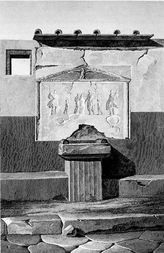 VII.7.21/22 Pompeii. Street Altar as painted by Mazois. According to Mau two pilasters supported an aedicula in which an eagle was seen.
This indicated that the shrine was dedicated to Jupiter. Above the altar was a stucco relief representing a sacrifice. Fiorelli described it as Ara Iovis with a Genius sacrificing, with two Lares and underneath a table and serpents.
See Mau, A., 1907, translated by Kelsey F. W. Pompeii: Its Life and Art. New York: Macmillan. (p. 235).
See Pappalardo, U., 2001. La Descrizione di Pompei per Giuseppe Fiorelli (1875). Napoli: Massa Editore. (p.100)