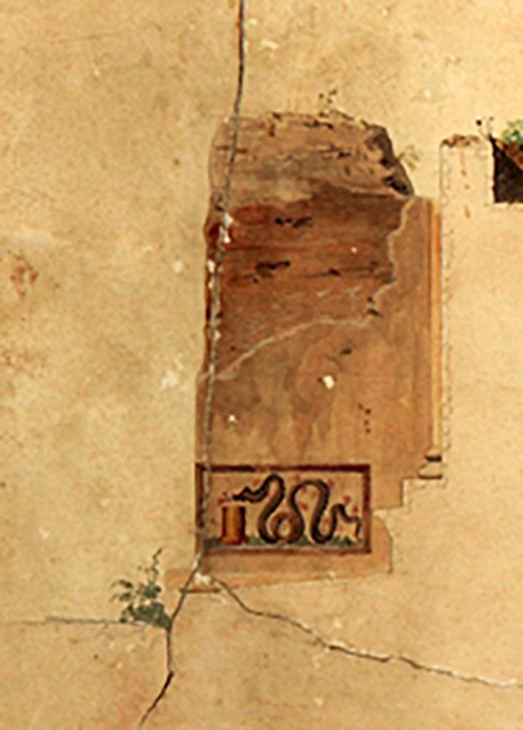VII.8.1 Pompeii. Detail from painting by Pasquale Maria Veneri of pier of arch showing only known representation of the lararium painting.
The architrave of the temple is shown in outline at the bottom right.
Now in Naples Archaeological Museum. Inventory number ADS1210.