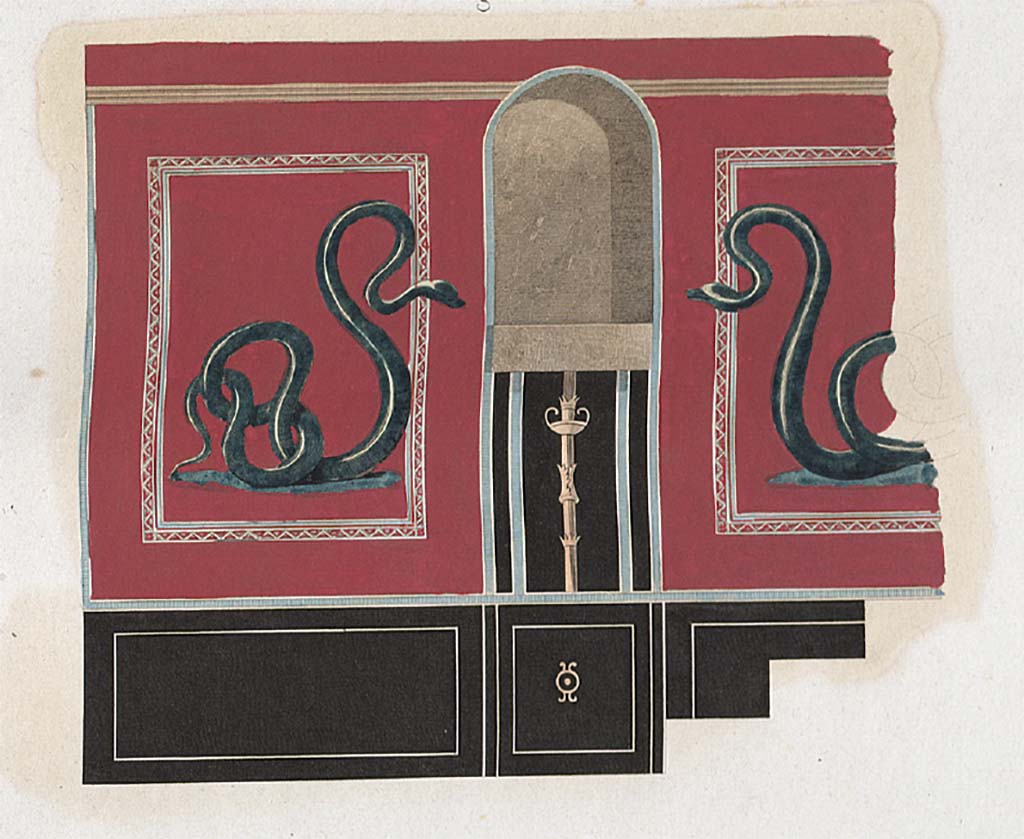 VII.9.42 Pompeii. 1829. Painting by Mazois of west wall with arched niche and serpents.
See Mazois, F., 1829. Les Ruines de Pompei : Troisime Partie. Paris : Didot Frres, pl. XLV.
See Carratelli, G. P., 1990-2003. Pompei: Pitture e Mosaici: Vol. VII. Roma: Istituto della enciclopedia italiana, p. 333.
