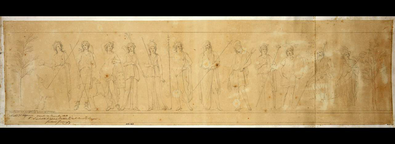 Painted street shrine to twelve gods on corner of insula at VIII.3.11. 1858 drawing of gods by N. La Volpe.
Now in Naples Archaeological Museum. Inventory number ADS 819.
La scheda ICCD descriva:
Il disegno raffigura la teoria dei dodici dei, delimitata da due alberelli; partendo da sinistra si hanno 
Vesta, dietro cui si scorge un asinello. 
Diana, abbigliata da cacciatrice, con arco, asta e faretra, nei cui pressi  una cerva. 
Apollo a torso nudo, appoggiato alla cetra. 
Cerere coronata di spighe, con la lunga fiaccola. 
Minerva elmata, con scudo e lancia. 
Giove, giovane, nudo, appoggiato al lungo scettro. 
Un personaggio barbato che dovrebbe invece essere Giunone con lo scettro. 
Vulcano sbarbato, pileo sul capo, martello nella destra e tenaglie nella sinistra. 
Venere Pompeiana con lunga fiaccola e corona turrita. 
Marte senza barba, con elmo e scudo. 
Nettuno, barbato, coronato, con copricapo e tridente nella destra. 
Mercurio con calzari alati, petaso, caduceo e marsupio.
Photo  ICCD. https://www.catalogo.beniculturali.it
Utilizzabili alle condizioni della licenza Attribuzione - Non commerciale - Condividi allo stesso modo 2.5 Italia (CC BY-NC-SA 2.5 IT)
