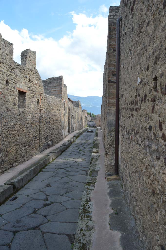 IX.2.19, Pompeii. October 2018. Looking south on Vicolo di Tesmo, with painted street shrine, on right.
Foto Taylor Lauritsen, ERC Grant 681269 DÉCOR.
