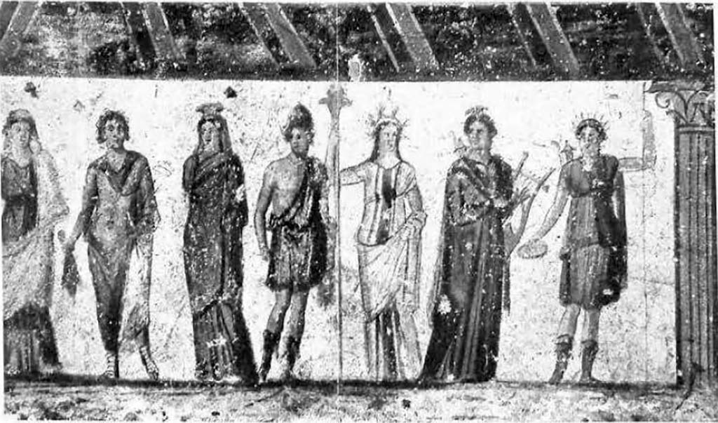 Public street shrine (compitum) to 12 gods outside IX.11.1 Pompeii. Gods at the right-hand end.
See Frhlich, T., 1991, Lararien und Fassadenbilder in den Vesuvstdten. Mainz: von Zabern. (F66: Tav. 60,2).
See Spinazzola V., 1953. Pompei alla luce degli Scavi Nuovi di Via dellAbbondanza (anni 1910-1923) Vol. 1. Roma: La Libreria della Stato, p. 175ff, Tav d'aggiunta 1.

