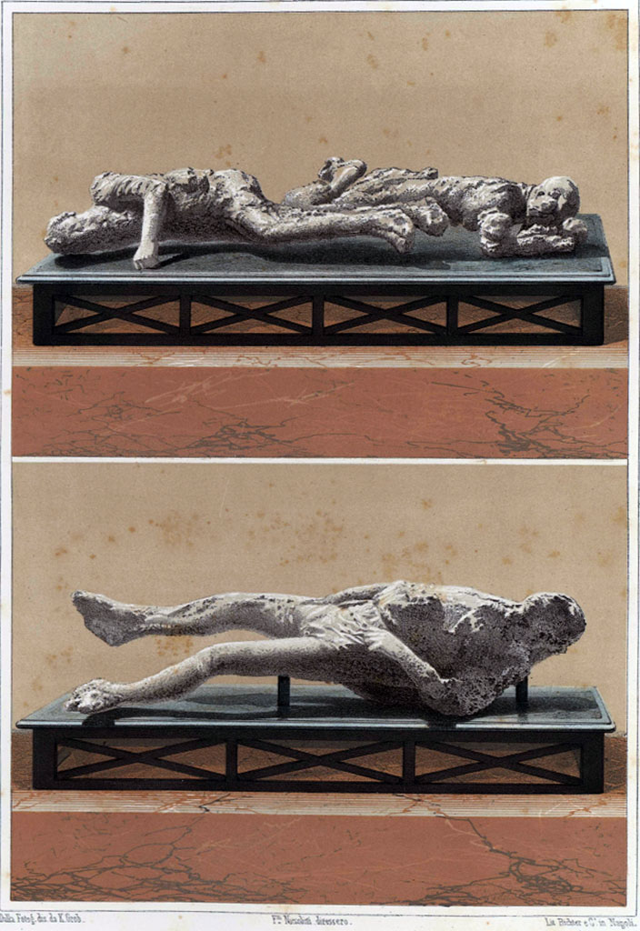 Victims 2 and 3 in upper picture and victim number 1 in lower picture.
See Niccolini F, 1862. Le case ed i monumenti di Pompei: Volume Secondo. Napoli, Descrizione Generale, Tav. XVIII.