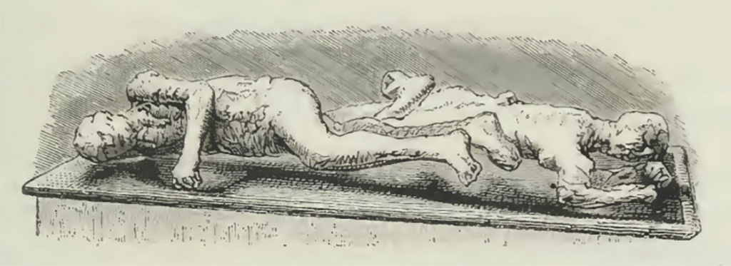 Plaster casts of victims 2 and 3. 1870. Drawing by Breton.
According to Breton, “She lies flat on her stomach, her legs contracted and her face pressed against her left arm.
Her hand grasps a fold of her garment, in which she apparently tried to wrap her head.
The form of this head is perfectly preserved, and a large portion of the cranium itself is exposed.”
See Breton, Ernest. 1870. Pompeia, Guide de visite a Pompei, 3rd ed. Paris, Guerin. (p.280-282)
See Dwyer, E., 2010. Pompeii’s Living Statues. Ann Arbor: Univ of Michigan Press. (p.63).