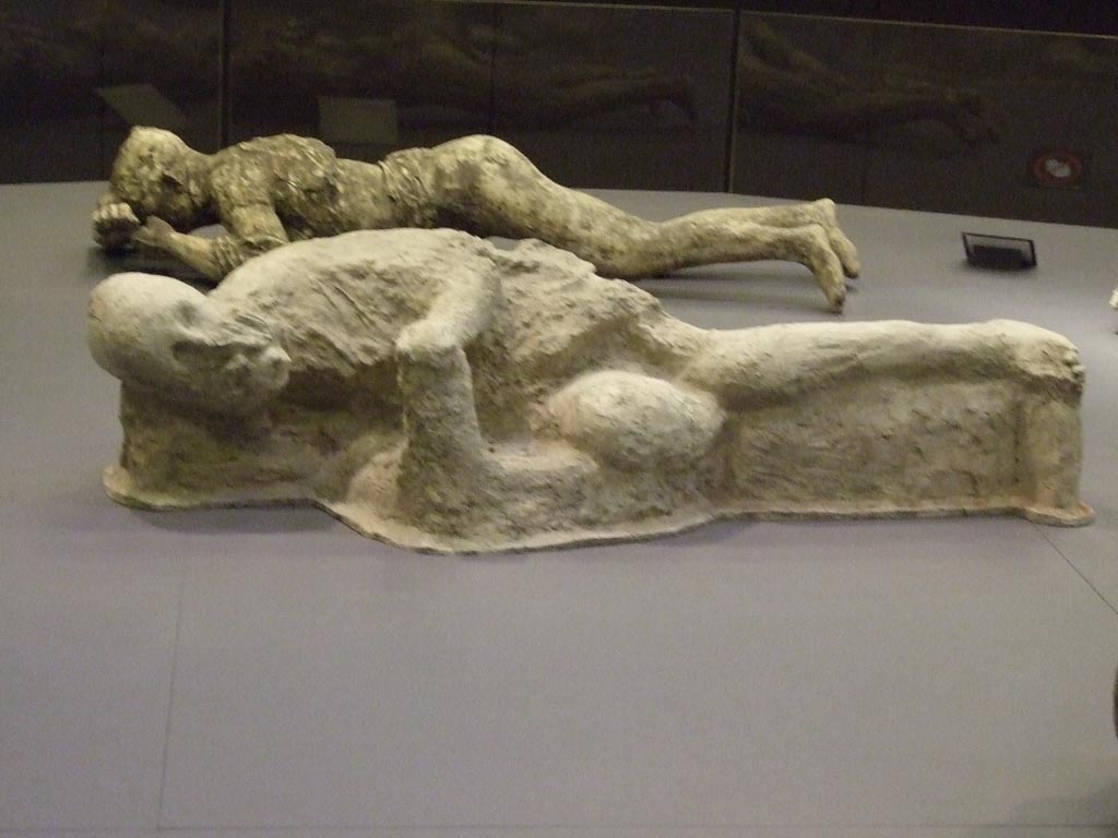 Victim 69. Front view. man holding his hand over his mouth. The exhibition card says:
This man may have been holding his hand over his mouth, trying to avoid suffocation.
Photographed at “A Day in Pompeii” exhibition at Melbourne Museum. September 2009.
Victim 69 was a male over 20 years of age, found in VII.16.17 Casa di Maius Castricius, probably room 19, between 1958 and 1980.
Folds are recognizable along the surface, probably belonging to a tunic.
Before the 2015 restoration it rested on a raised bed of gypsum and waste material (pumice).
As part of the 2015 restoration the raised bed was removed.
See Osanna, N., Capurso, A., e Masseroli, S. M., 2021. I Calchi di Pompei da Giuseppe Fiorelli ad oggi: Studi e Ricerche del PAP 46, p. 480-1, Calco n. 69.