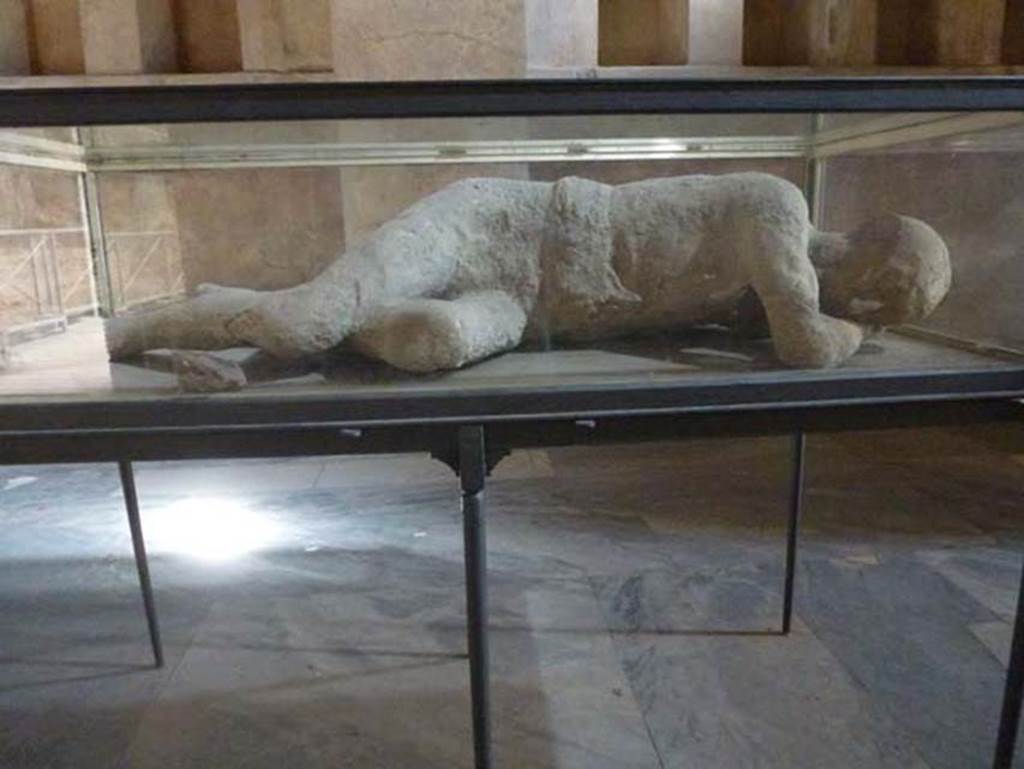 VII.1.8 Pompeii. June 2012. Plaster cast of victim number 7, on display in men’s changing room 2.
Found 25th September 1873 in garden area of I.5.3. Photo courtesy of Michael Binns.
Note:
In SSANP: Boscoreale Antiquarium exhibition catalogue: The Casts, 5 March – 20 December 2010. (p.5) gives the date as 25th September 1873.
In Dwyer, E., 2010. Pompeii’s Living Statues. Ann Arbor: Univ of Michigan Press, (p.85), he says the cast was made in June 1873.