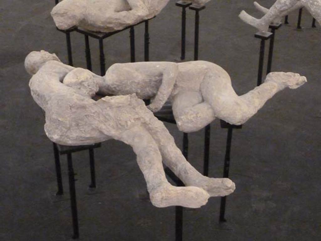 I.6.2 Pompeii. Victims 21 and 22. September 2015. Exhibit from the Summer 2015 exhibition in the amphitheatre.
Plaster casts of two victims found in the lapilli above the garden area level.
According to Estelle Lazer, Cast Numbers 21 and 22 were embracing but, as they were cast separately, they could enter the gantry of the CT scanner individually.
These two victims have variously been interpreted as two lovers or two women, sometimes as sisters or as a mother and daughter.
The preliminary results of DNA analysis of skeletal samples from these casts indicate that they were two unrelated males
See Lazer E., et al. 2020. Inside the Casts of the Pompeian Victims: Results from the First Season of the Pompeii Cast Project In 2015. Papers of the British School at Rome.