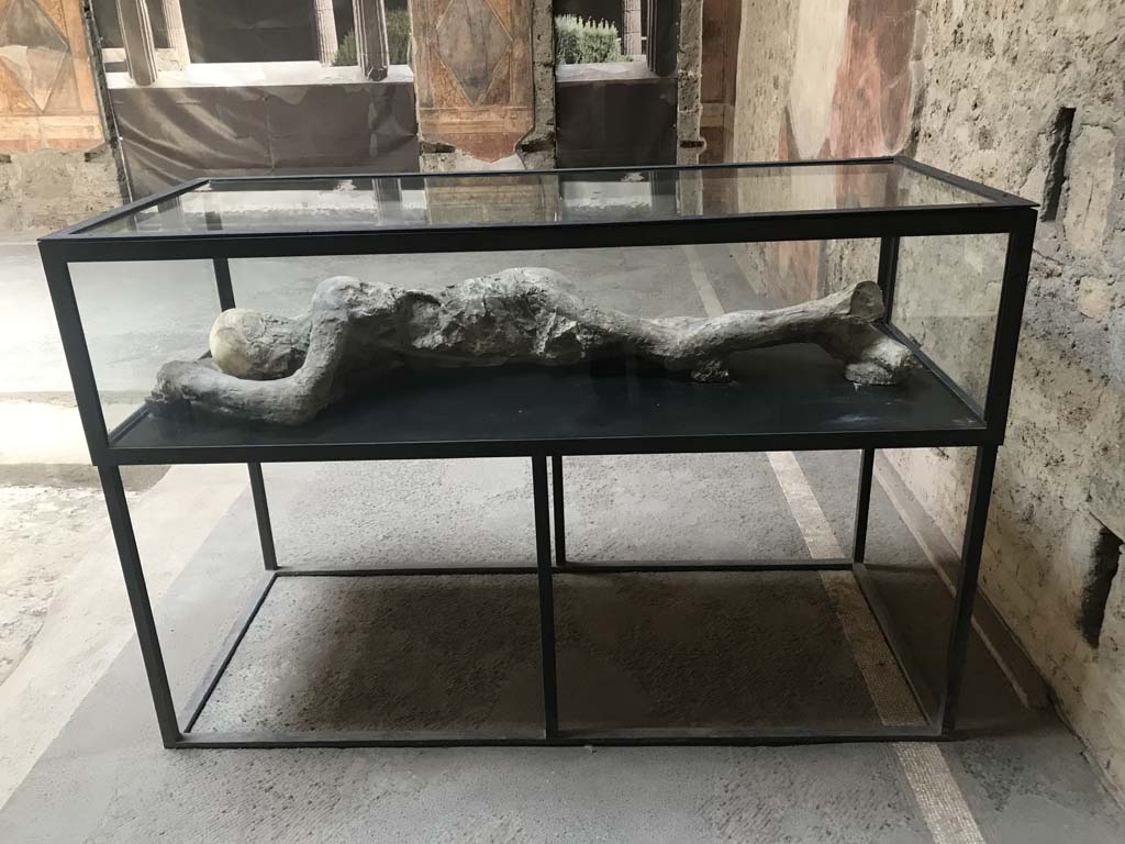 Villa of Mysteries, Pompeii. April 2019. Victim 25. Room 64, looking east across atrium towards display case on south-east side.
The imprint has retained on the body the folds of the clothes he wore and the shape of the "calcei" (shoes) he wore on his feet.
Villa dei Misteri, Pompei. Aprile 2019. Vittima 25. Ambiente 64, guardando a est attraverso l'atrio verso la vetrina sul lato sud-est.
L'impronta ha conservato sul corpo le pieghe degli indumenti che indossava e la forma dei "calcei " che portava ai piedi.
Photo courtesy of Rick Bauer.
See/Vedi Maiuri A., 1967. La Villa dei Misteri. Istituto poligrafico dello stato/libreria dello stato, p.10.