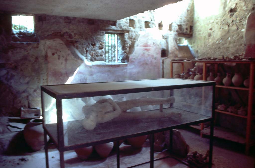 Villa dei Misteri, Pompeii. October 1981. Victim 26 body cast in room 32.
Photo courtesy of Rick Bauer, from Dr George Fay’s slides collection.
