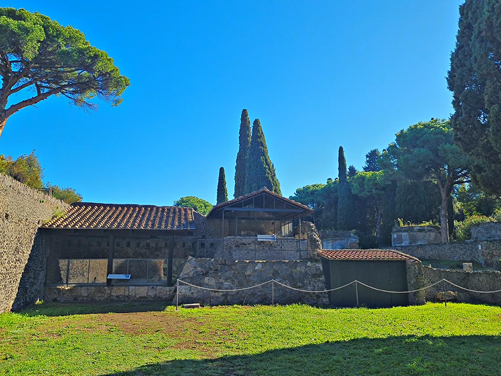 North-west side of Via delle Tombe. October 2024. Victims 30 to 33.
Looking east towards display area showing the plaster-casts of some fleeing fugitives. 
Three victims, two male and one female were found in September 1956. A fourth victim was found in May 1957. Plaster casts were made.
Photo courtesy of Giuseppe Ciaramella.

