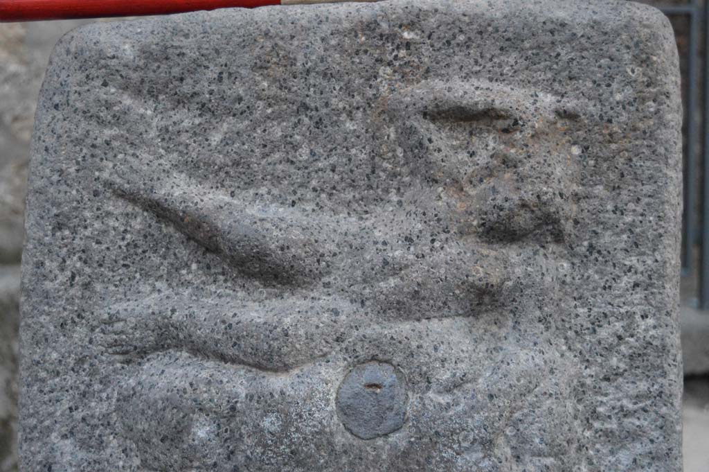 Fountain outside I.12.2 on Via dell’ Abbondanza. October 2018. Detail of relief of Satyr on rock-fountain or water source.
Foto Taylor Lauritsen, ERC Grant 681269 DÉCOR.

