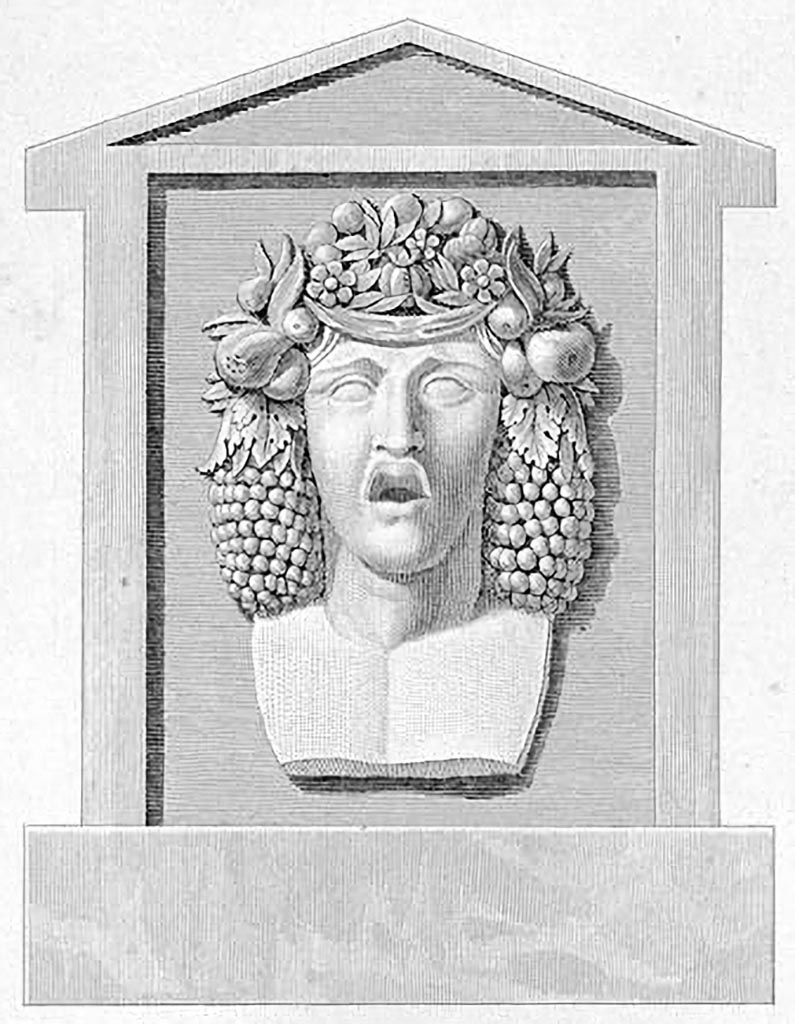 About 1810. Drawing by Mazois of fountain head of Bacchus, or a God of the countryside and crossroads.
See Mazois, F., 1824. Les Ruines de Pompei: Second Partie. Paris: Firmin Didot. (p. 37, Pl. III Fig. II).
According to Eschebach, during the earliest excavations in 1755, near the Street of the Graves, a representation of the god Vertumnus or Bacchus was found, in the form of a fountain profile, which fits the character of this residential area. 
This fountain in the form of a pilaster was discovered in VI. Ins. Occ. Via Consolare, see Mazois.
Eschebach commented “this permits no conclusions on the shape of the well basin”.
See Eschebach, H., 1983. Pompeii, Herculaneum, Stabiae; Bollettino dell’ Associazione Internazionale Amici di Pompei 1. (pp. 15, 25, 26: Fig 33).
This may, or may not, be the fountain from this site, see also the possible fountain we have placed at VI.17.27, which may also be a dubious location. 

