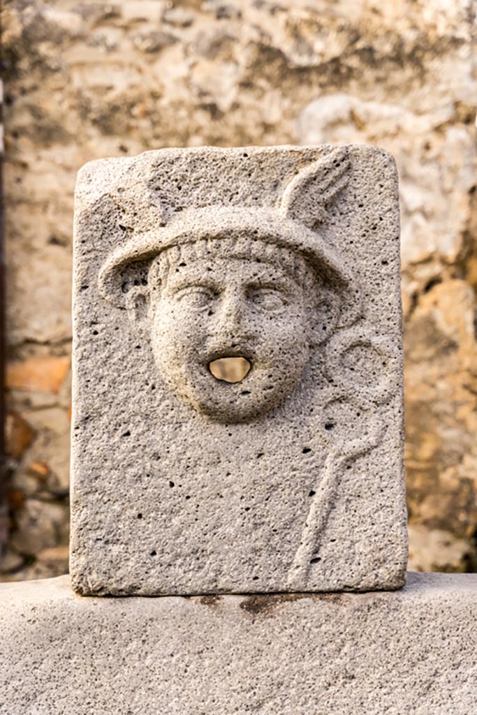 Fountain of Mercury at VI.8.24, Pompeii. January 2023. 
Looking west to relief of Mercury. Photo courtesy of Johannes Eber.
