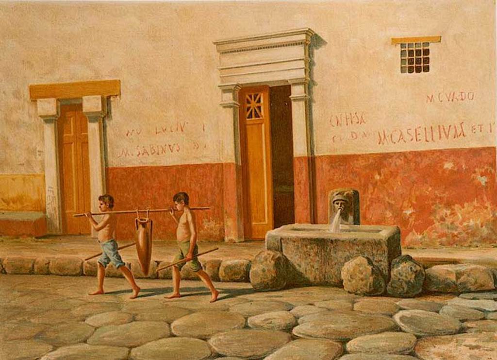 Fountain of Mercury at VI.8.24. 19th Century painting by D Capri of “Idealised city street scene”. This shows the fountain of Mercury and remains of street shrine painted on the wall at the rear. See Niccolini F, 1896. Le case ed i monumenti di Pompei: Volume Quarto. Napoli. (2 Taf A II).