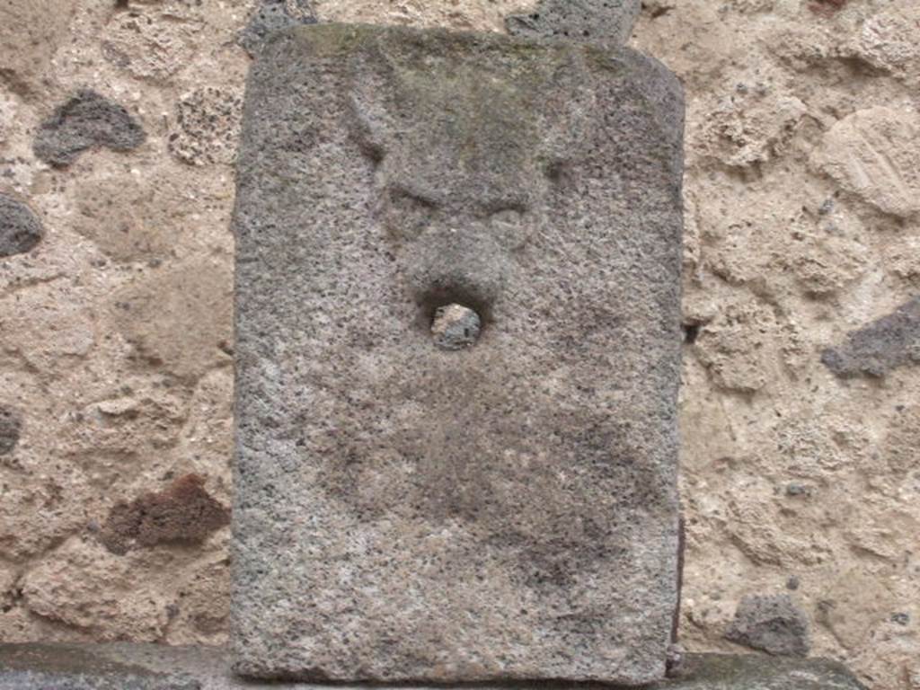 VII.8 Forum. December 2005. Fountain outside north wall with relief of head of dog.