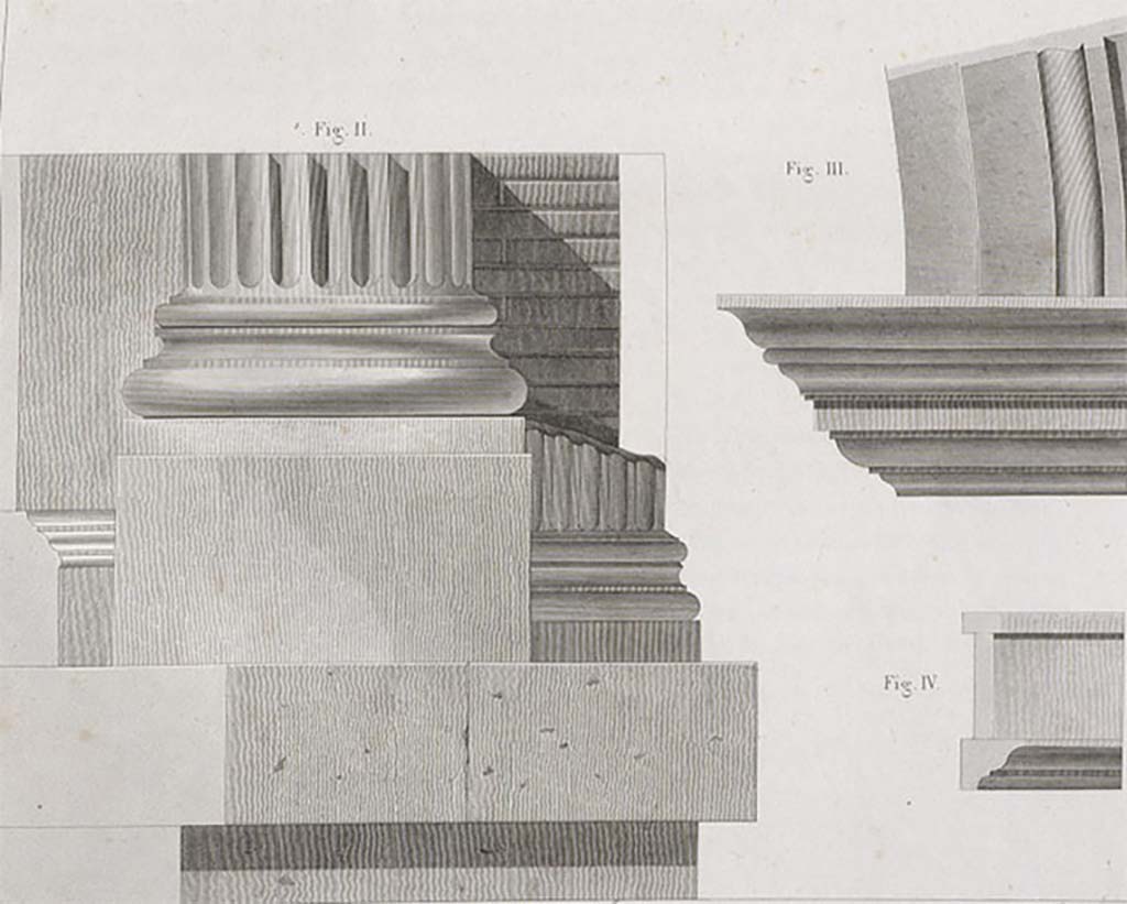 Fountain in arch at north-east corner of Forum, 1829. Mazois drawing of niche fluted columns and marble decoration.
See Mazois, F., 1829. Les Ruines de Pompei: Troisime Partie. Paris: Didot Frres, pl XLI figs. II, III, IV.  

