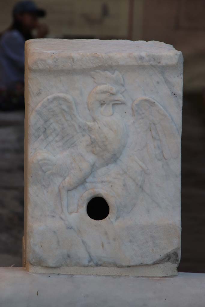 VII.15.1 Pompeii. September 2017. Fountain in Vicolo del Gallo showing relief of the Gallo (Cockerel).
Photo courtesy of Klaus Heese.

