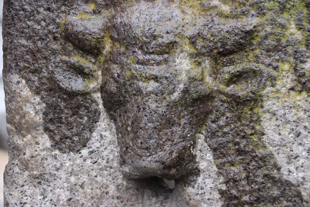 Fountain at VIII.2.29. December 2005. Detail of relief of bull or ox, looking west. Photo courtesy of Klaus Heese.