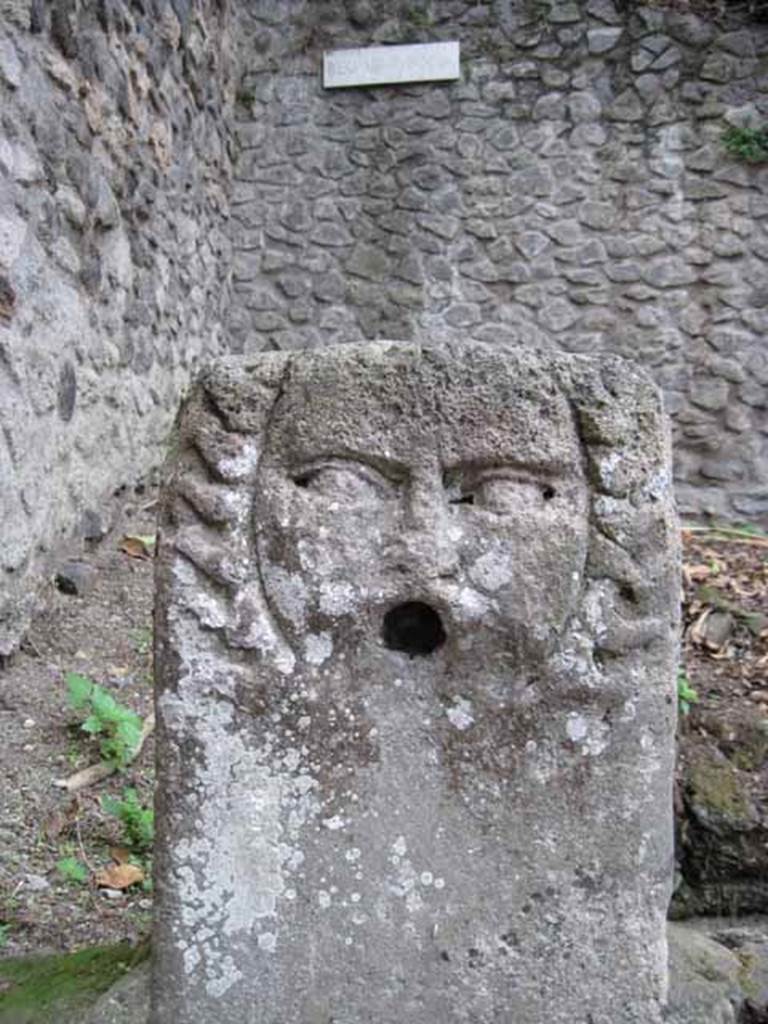 Fountain near Stabian Gate. September 2010. Detail of carving of fountain head, possibly a river god. Photo courtesy of Drew Baker.