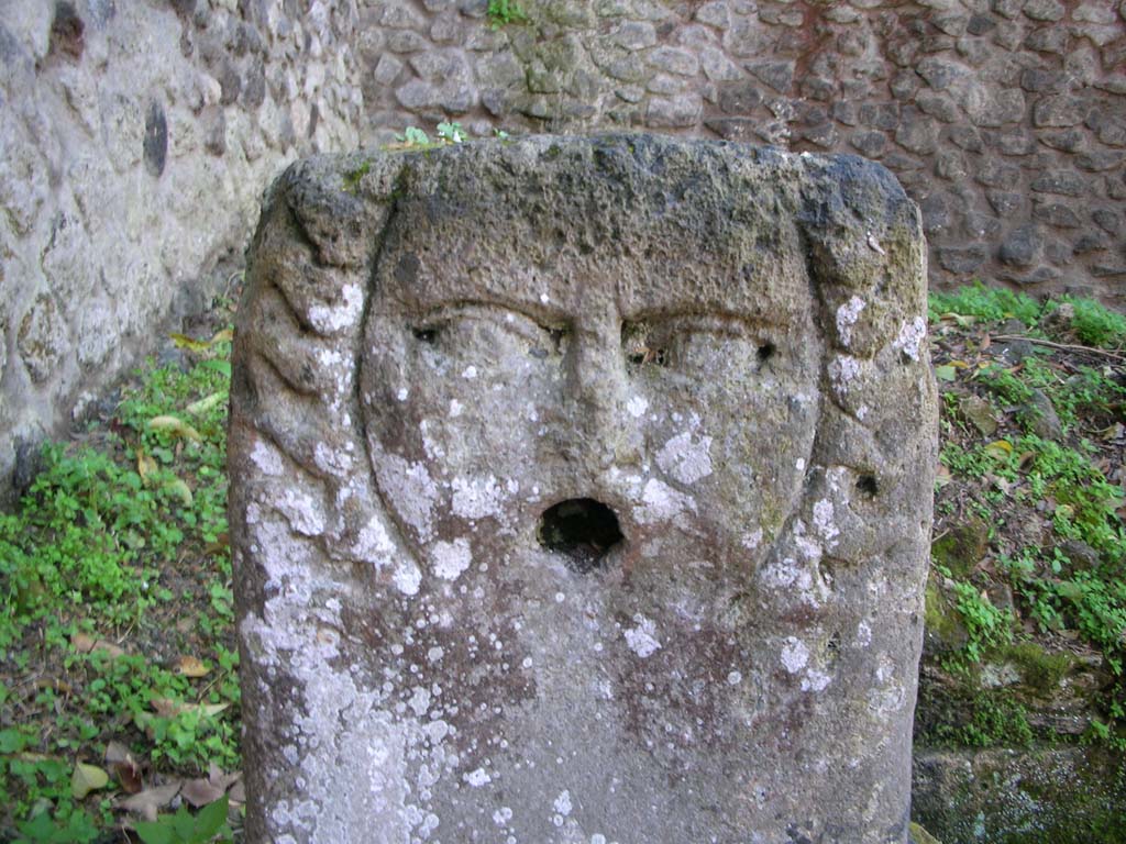 Fountain near Stabian Gate. May 2010. Detail of relief of fountain head, possibly a river god. Photo courtesy of Ivo van der Graaff.

